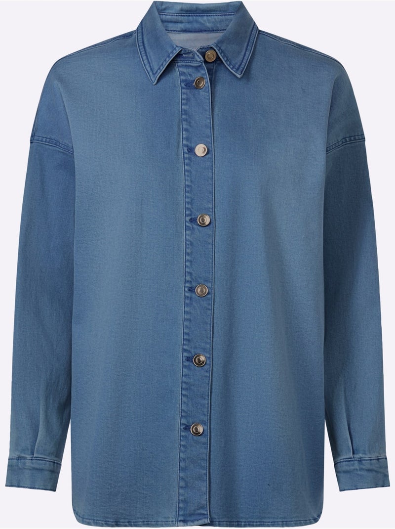 Chemisier En Jean Coton Extensible Confortable - Taille Standard - Helline Bleu Blanc - Kiabi