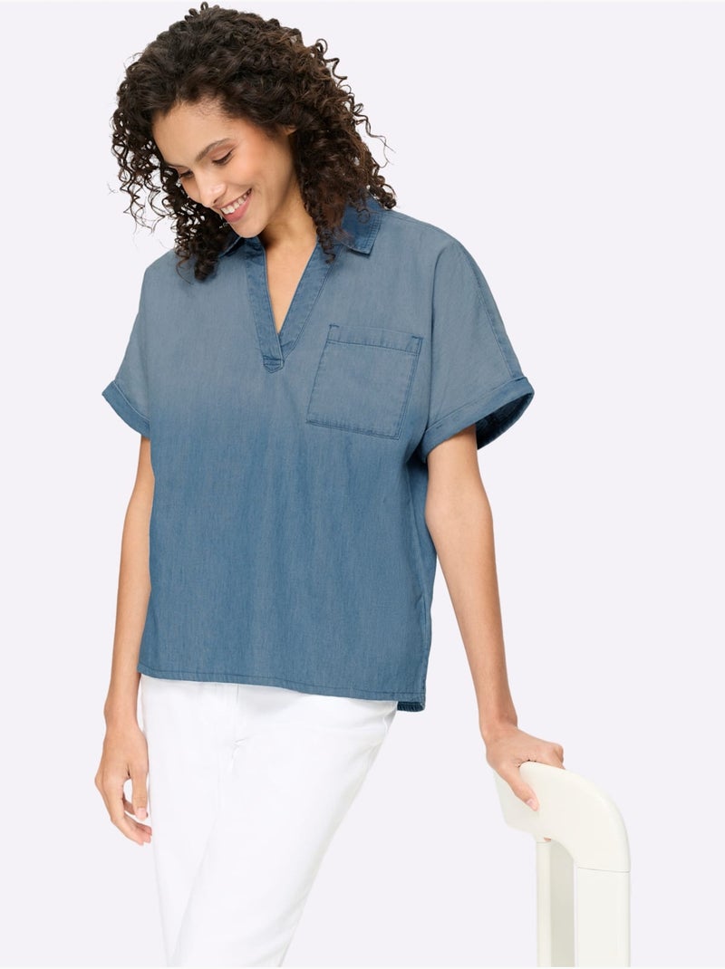 Chemisier en jean pur coton - taille standard - helline Bleu Blanc - Kiabi