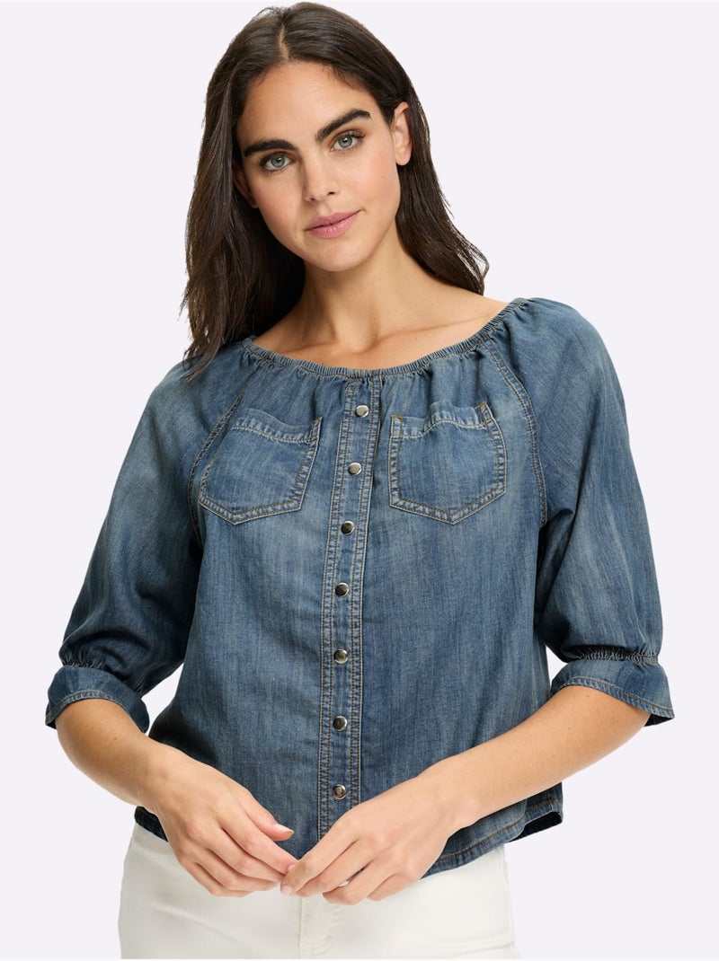 Chemisier en jean pur coton - taille standard - helline Bleu Blanc - Kiabi
