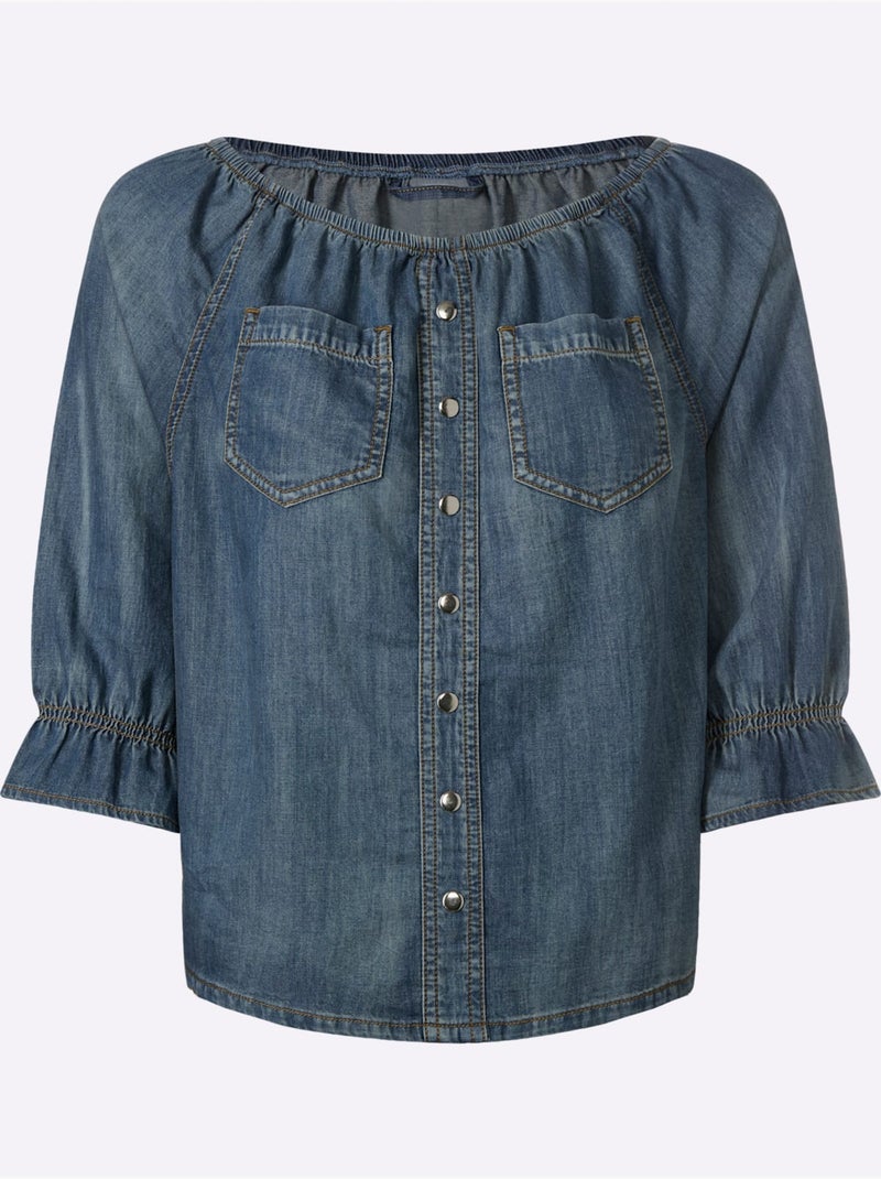 Chemisier en jean pur coton - taille standard - helline Bleu Blanc - Kiabi