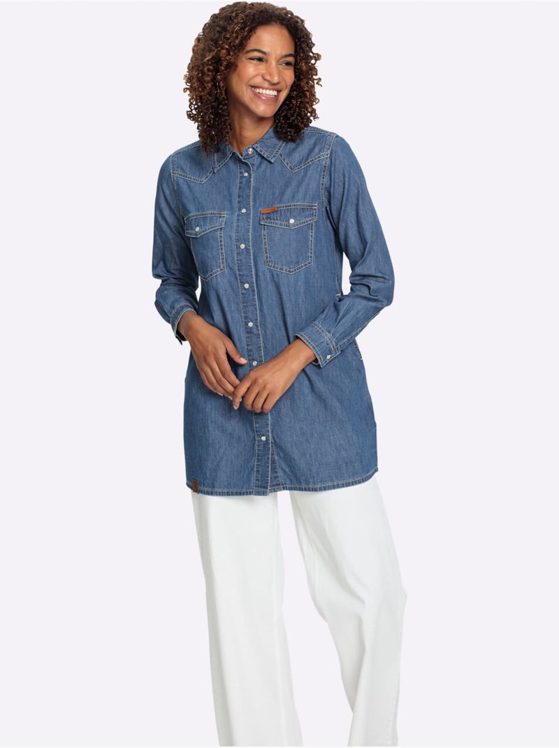 Chemisier En Jean Pur Coton - Taille Standard - Witt Bleu Blanc - Kiabi