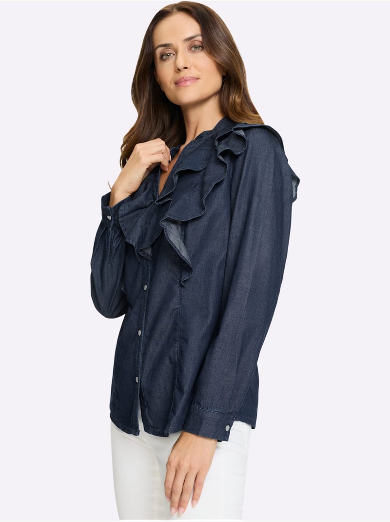 Chemisier En Jean Volants Tendance - Taille Standard - Helline Bleu foncé - Kiabi