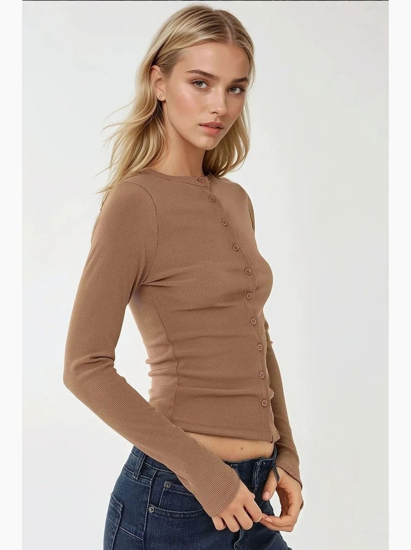 Chemisier en maille texturée à manches longues coupe ajustée avec boutons hiccup Marron - Kiabi