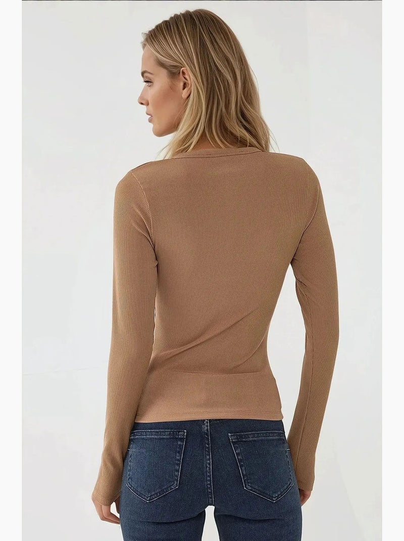 Chemisier en maille texturée à manches longues coupe ajustée avec boutons hiccup Marron - Kiabi