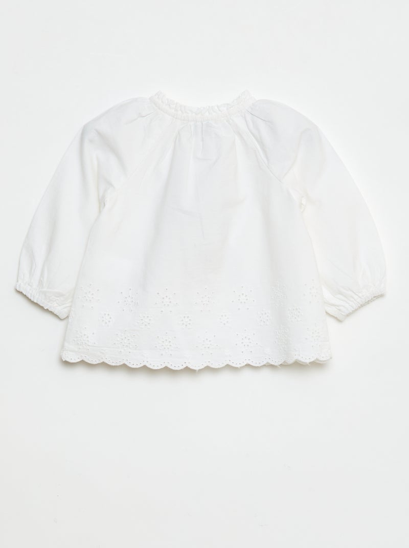 Chemisier en popeline avec borderies et col volanté Blanc - Kiabi