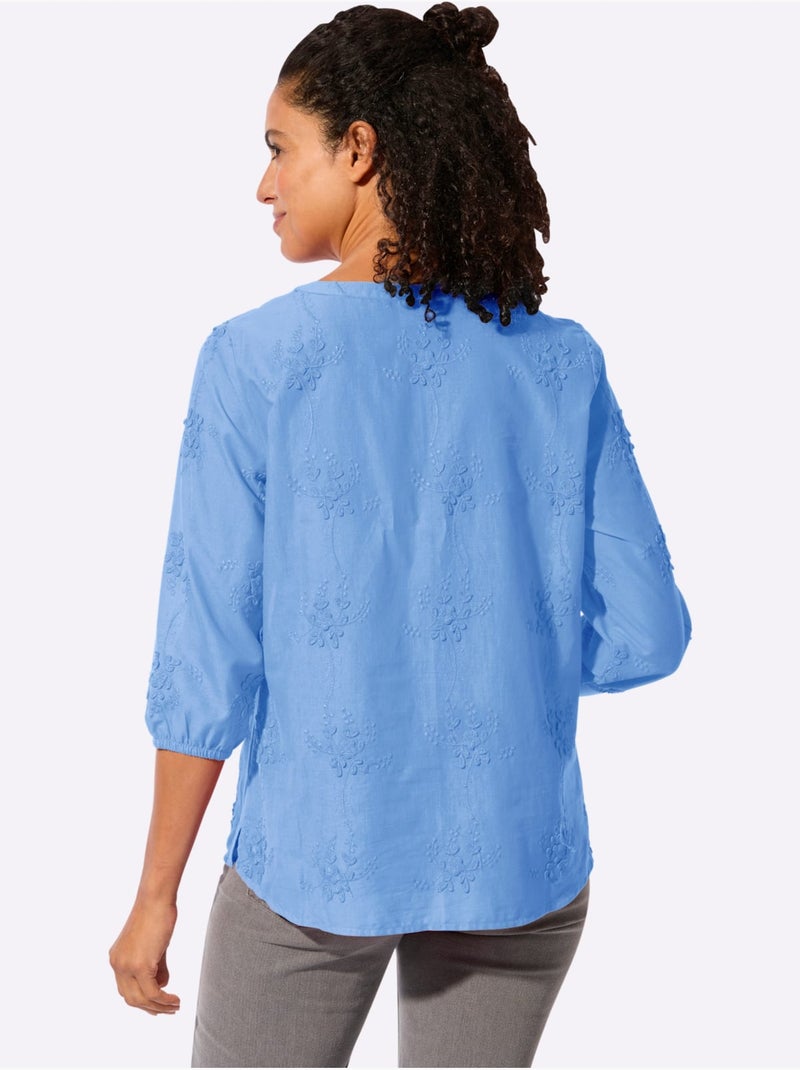Chemisier en pur coton avec broderie florale et manches 3/4 - Taille standard - Witt Bleu ciel - Kiabi