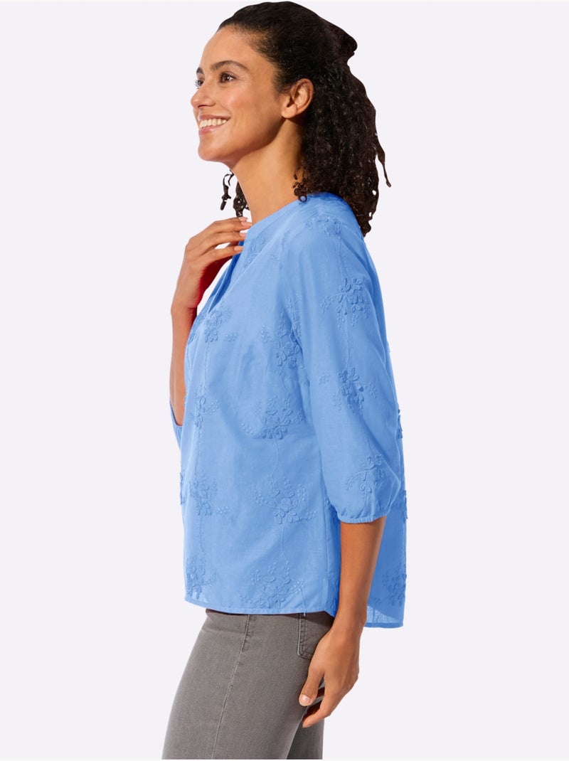 Chemisier en pur coton avec broderie florale et manches 3/4 - Taille standard - Witt Bleu ciel - Kiabi