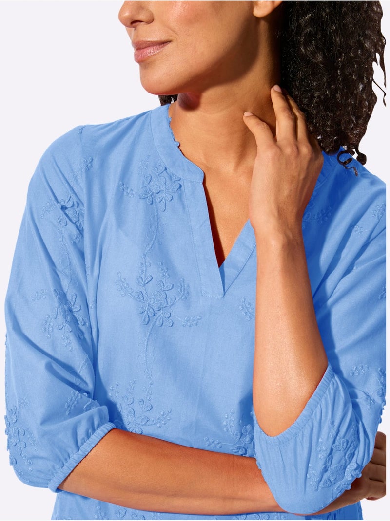 Chemisier en pur coton avec broderie florale et manches 3/4 - Taille standard - Witt Bleu ciel - Kiabi
