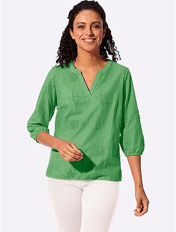 Chemisier en pur coton avec broderie florale et manches 3/4 - Taille standard - Witt