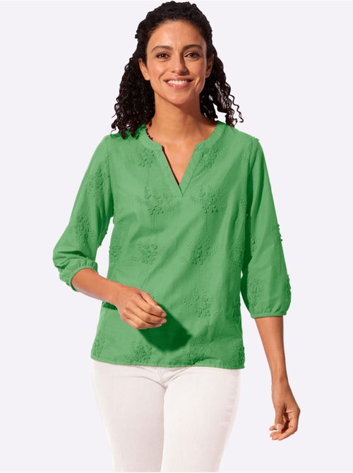 Chemisier en pur coton avec broderie florale et manches 3/4 - Taille standard - Witt - Kiabi Chemisier en pur coton avec broderie florale et manches 3/4 - Taille standard - Witt - Kiabi