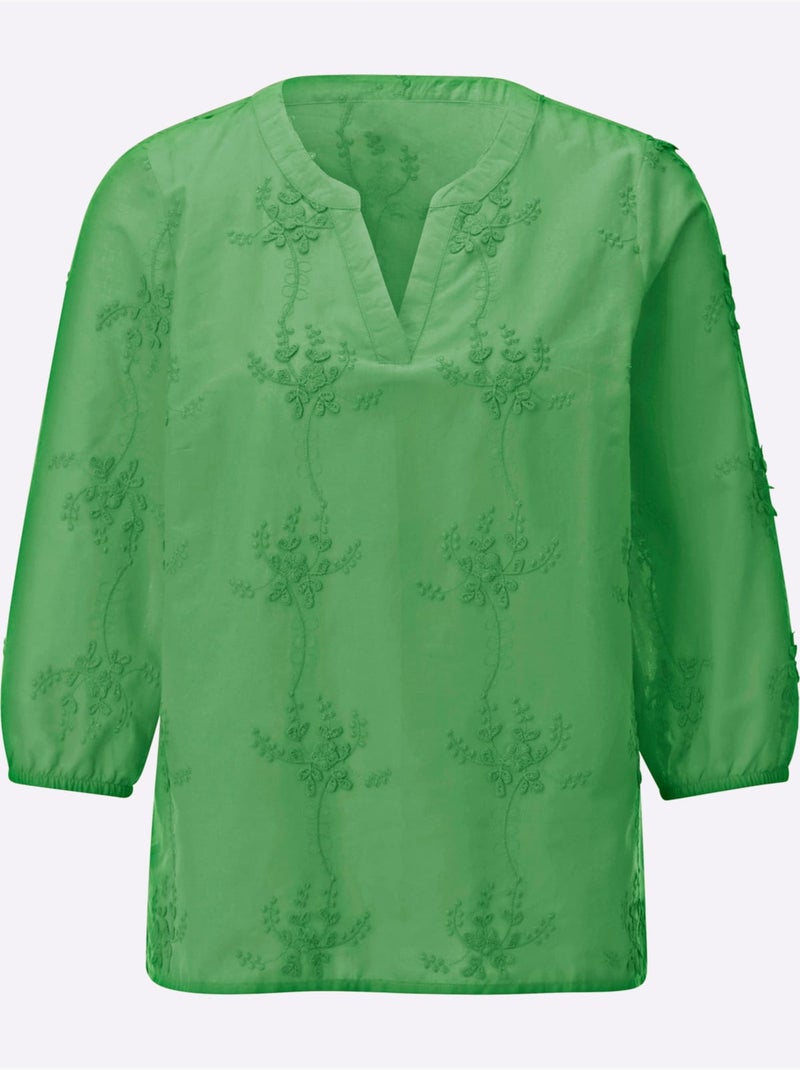 Chemisier en pur coton avec broderie florale et manches 3/4 - Taille standard - Witt Vert clair - Kiabi