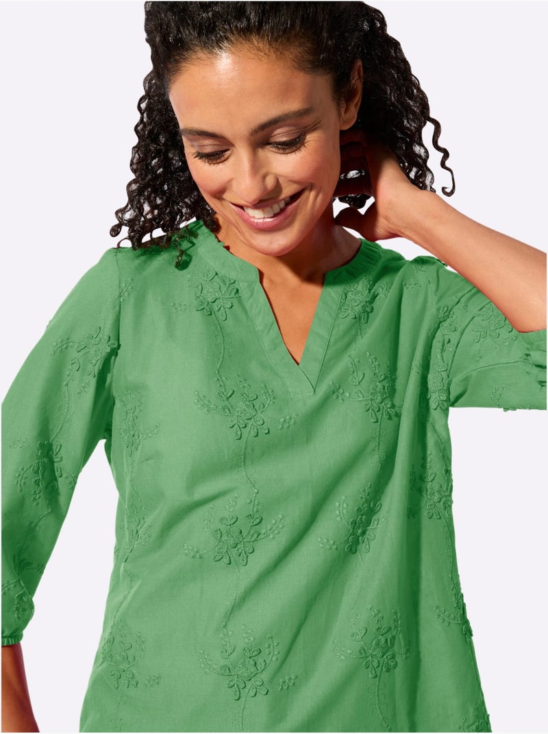 Chemisier en pur coton avec broderie florale et manches 3/4 - Taille standard - Witt Vert clair - Kiabi