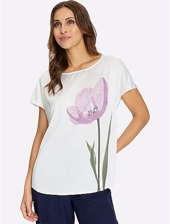 Chemisier en satin avec col arrondi et mancherons fleuri et ourlet arrondi - Taille standard - Witt