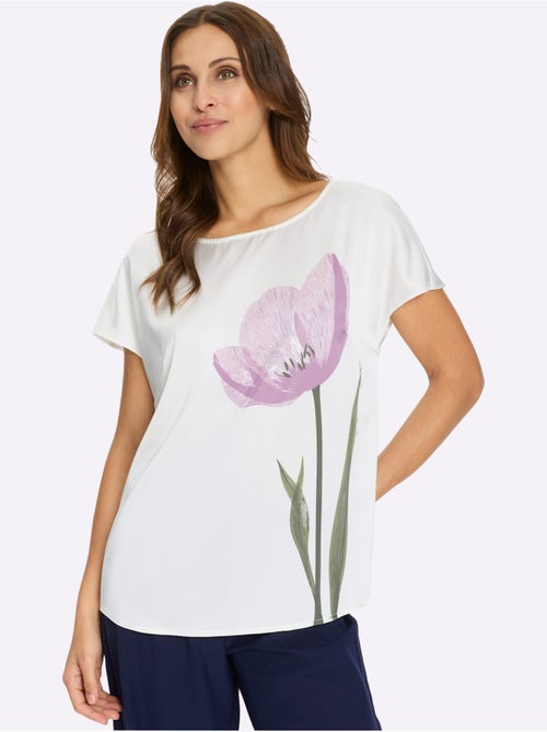 Chemisier en satin avec col arrondi et mancherons fleuri et ourlet arrondi - Taille standard - Witt - Kiabi