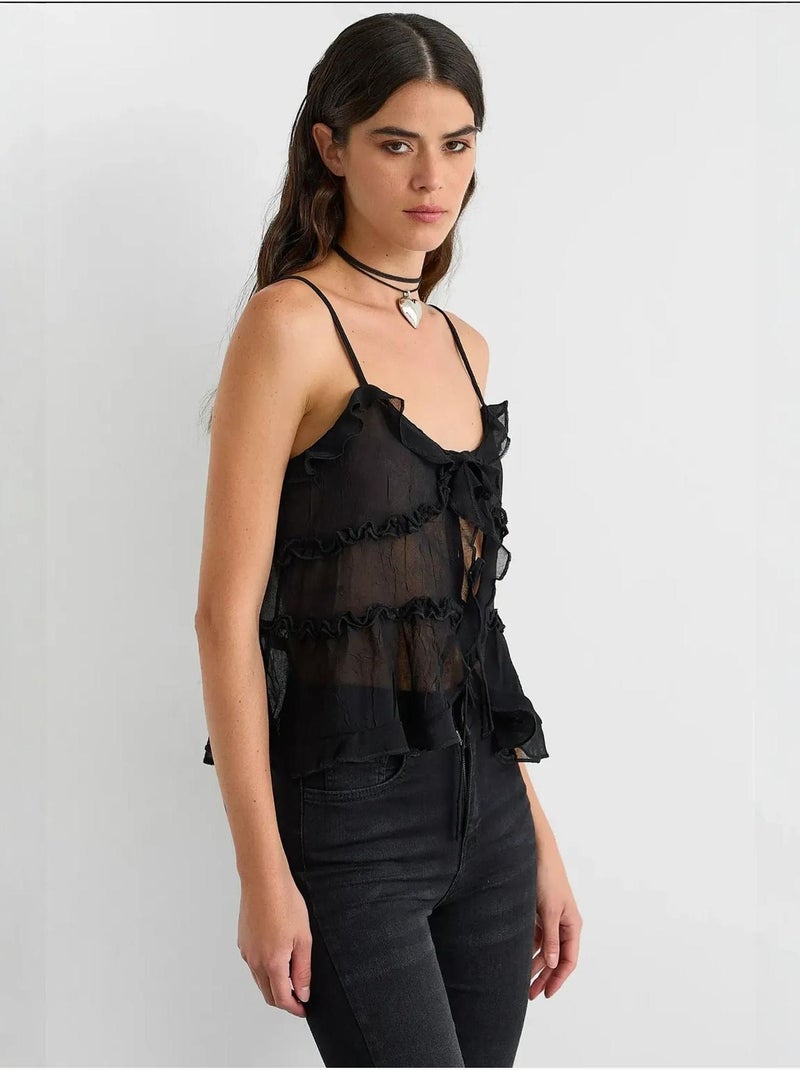 Chemisier en tulle à volants Noir - Kiabi