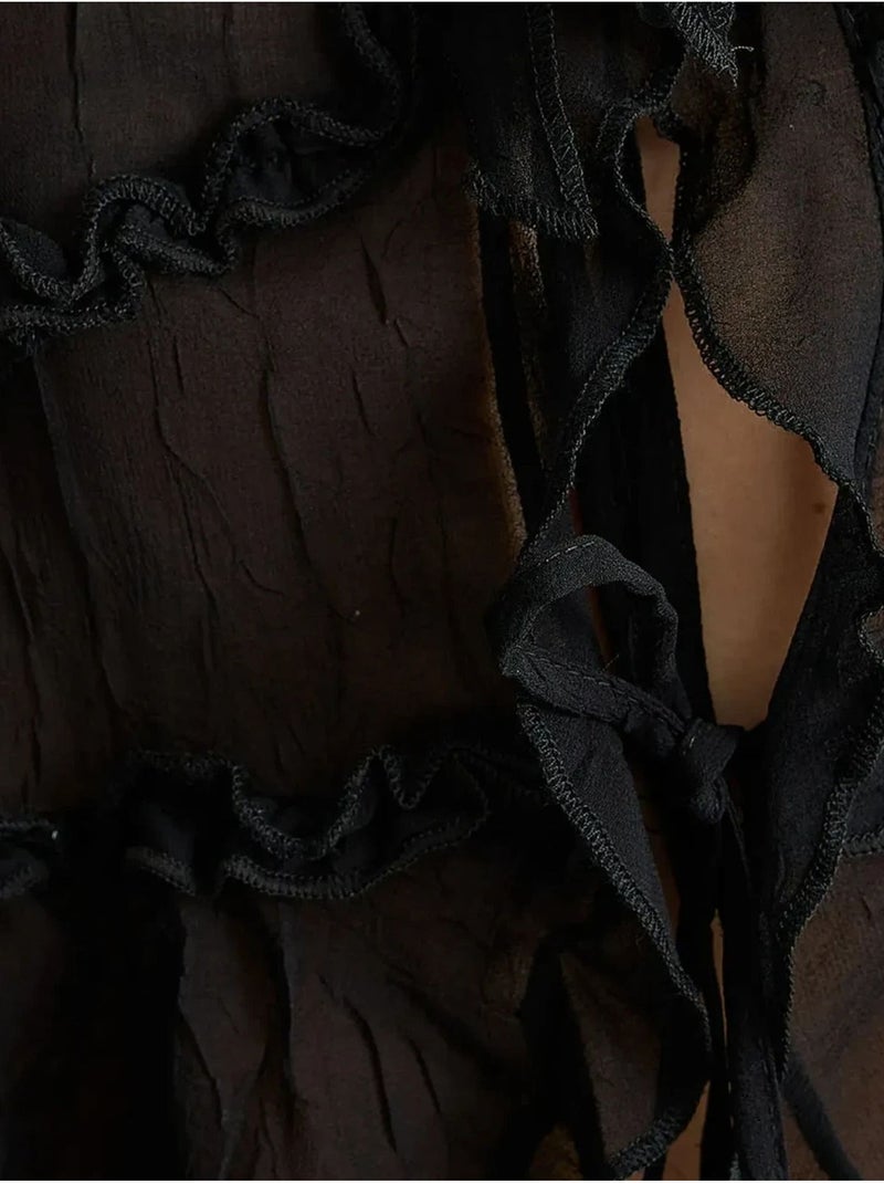 Chemisier en tulle à volants Noir - Kiabi