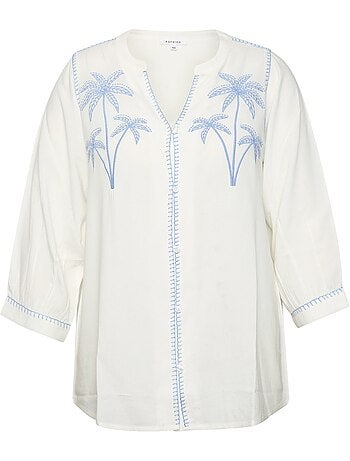 Chemisier en viscose uni avec broderie palmiers PAPRIKA