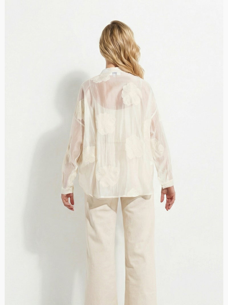 Chemisier en voile, broderies camelias - AFIBEL Blanc - Kiabi