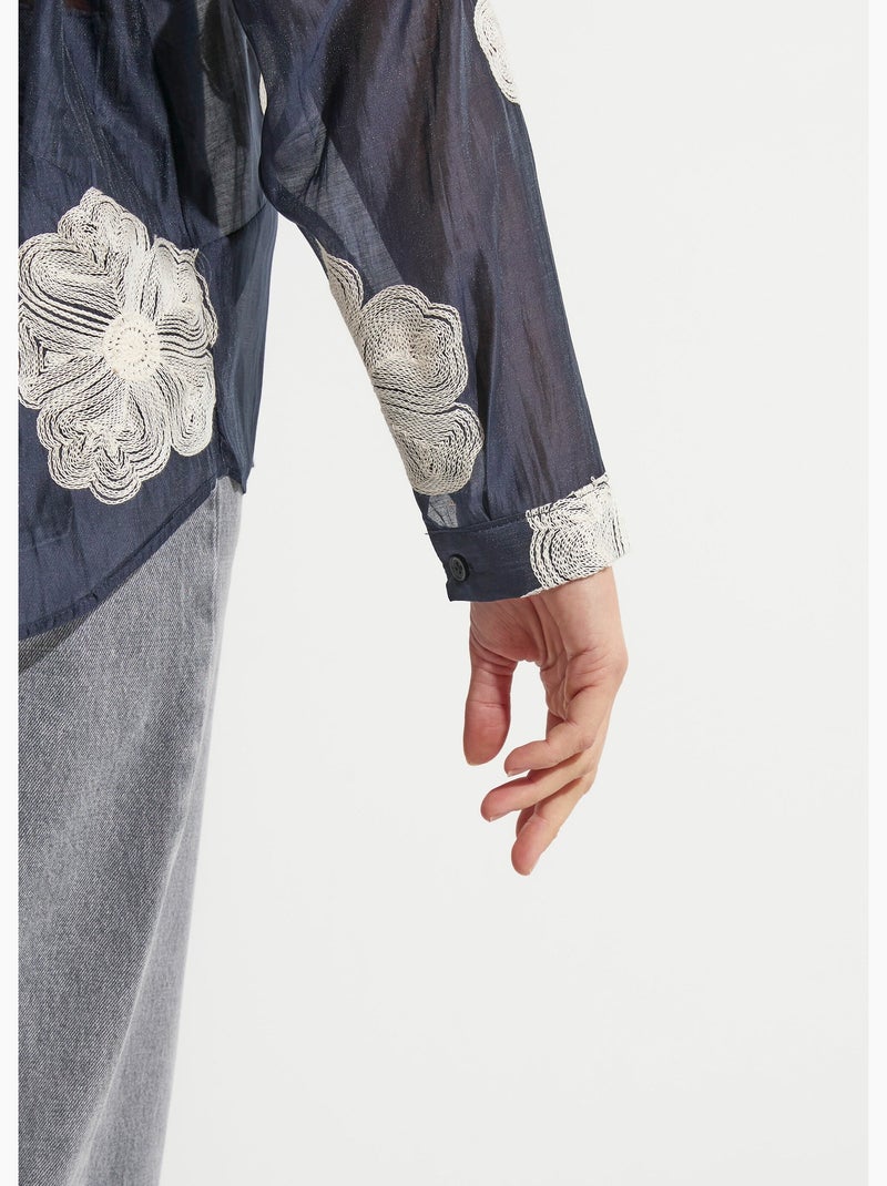 Chemisier en voile, broderies camelias - AFIBEL Bleu marine - Kiabi