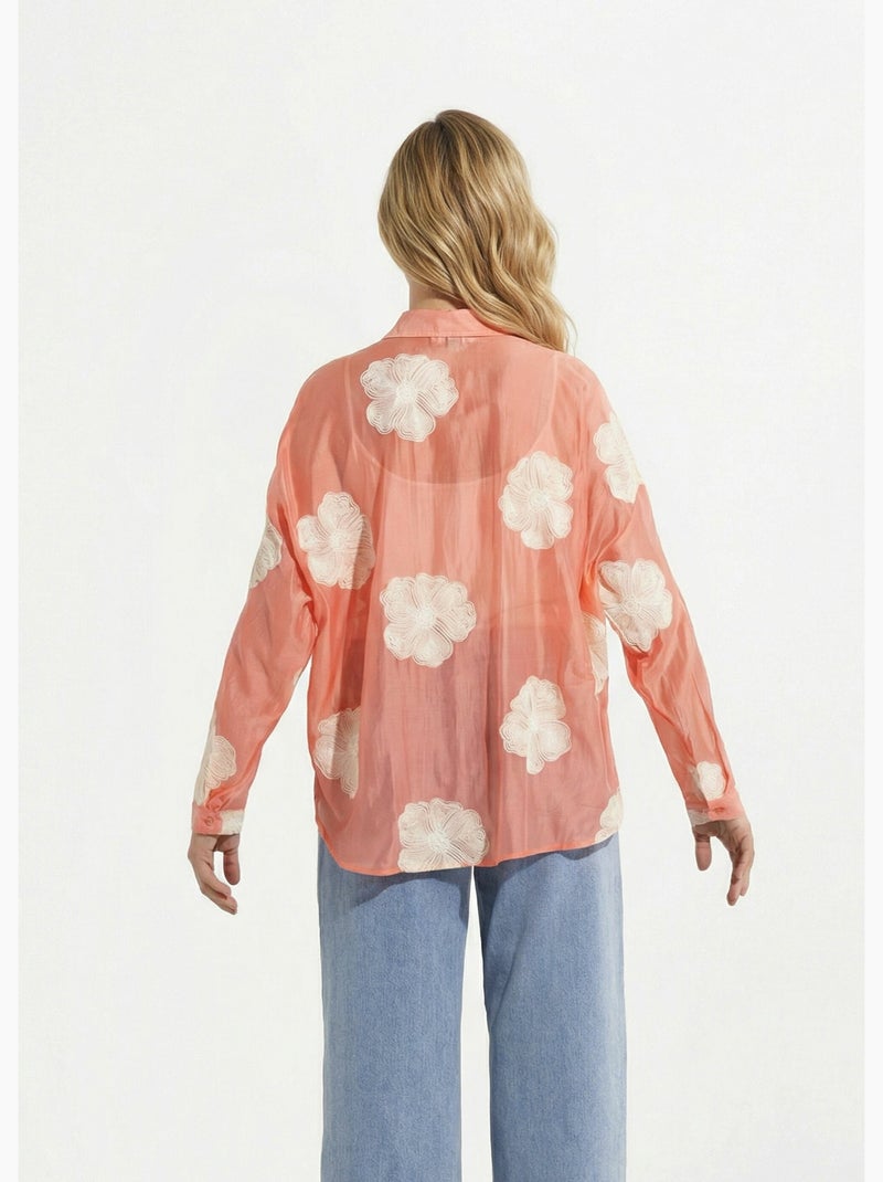Chemisier en voile, broderies camelias - AFIBEL Corail - Kiabi