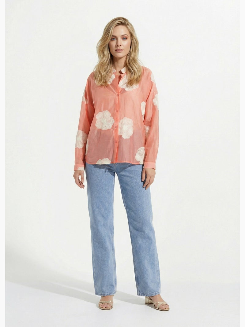 Chemisier en voile, broderies camelias - AFIBEL Corail - Kiabi