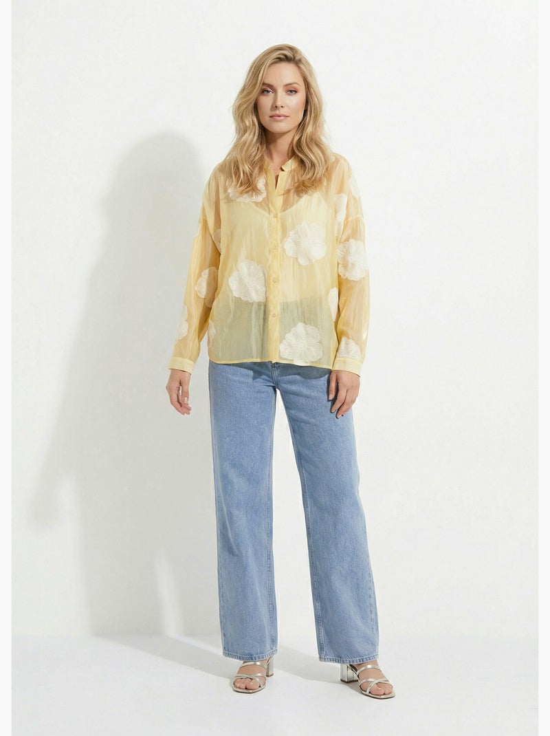 Chemisier en voile, broderies camelias - AFIBEL Jaune - Kiabi