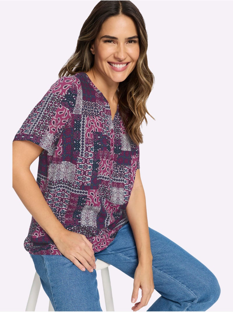 Chemisier Encolure Arrondie Avec Petit V - Taille Standard - Moda Vilona Bleu Mauve - Kiabi