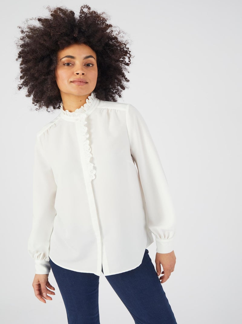 Chemisier esprit jabot brodé - Damart Blanc cassé - Kiabi