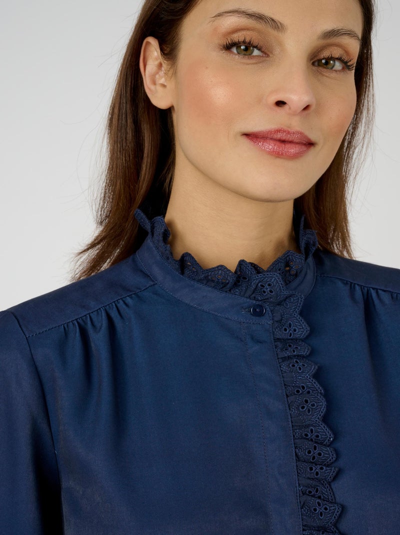 Chemisier esprit jabot brodé - Damart Bleu marine - Kiabi