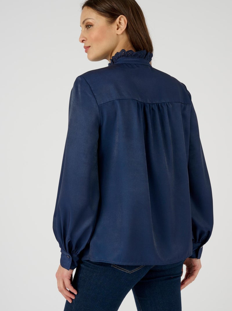 Chemisier esprit jabot brodé - Damart Bleu marine - Kiabi