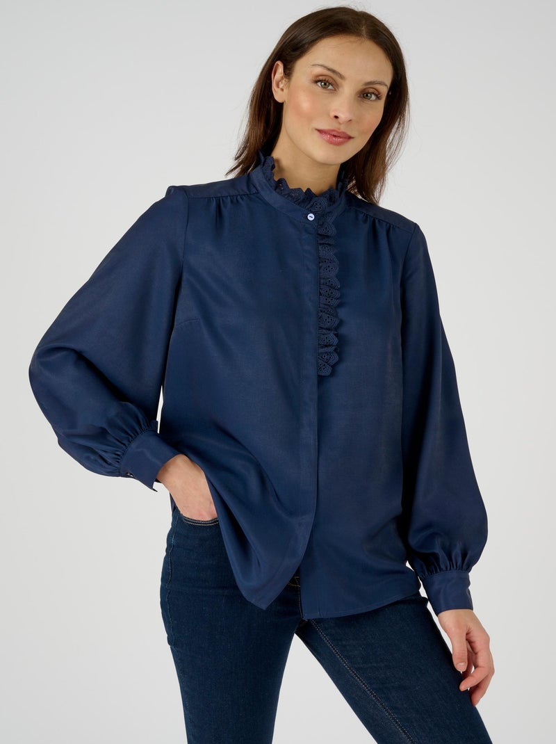 Chemisier esprit jabot brodé - Damart Bleu marine - Kiabi