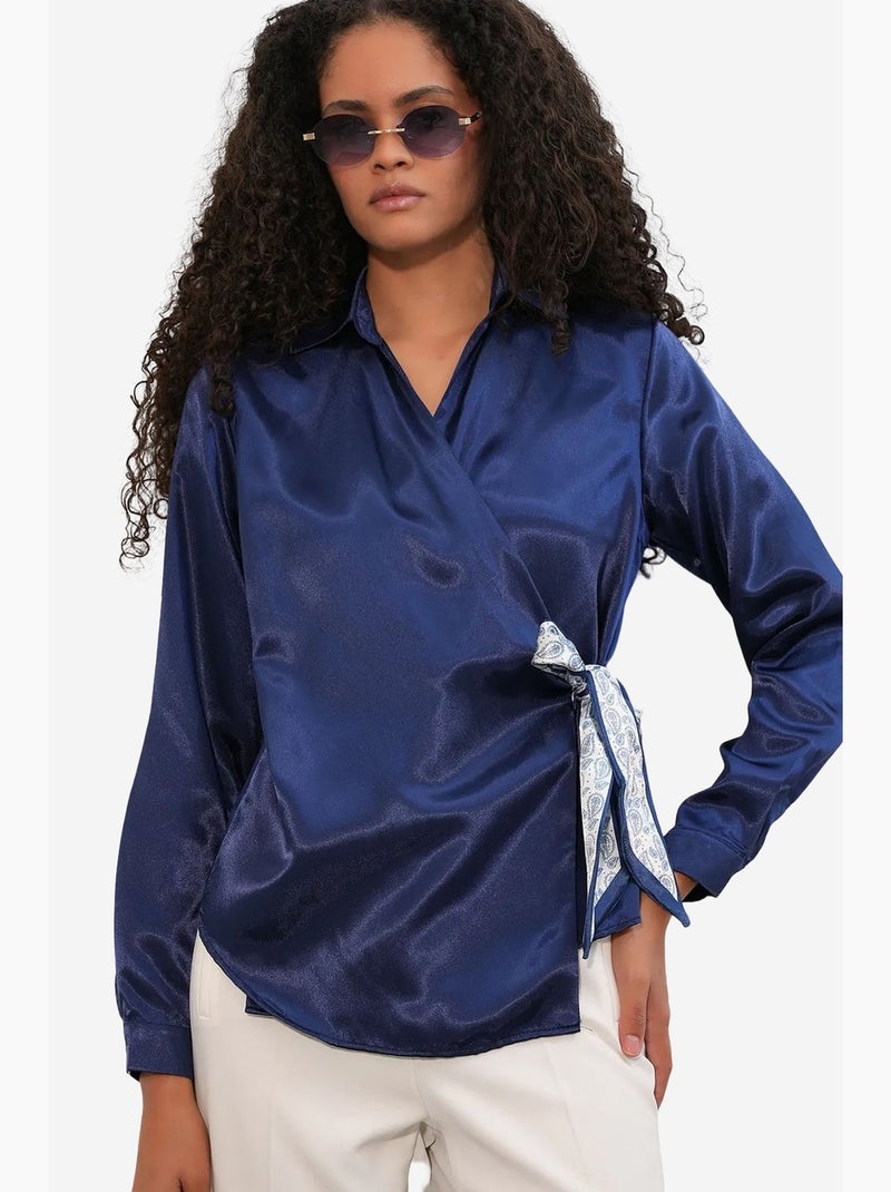 Chemisier femme en satin à nouer bdart Bleu marine - Kiabi