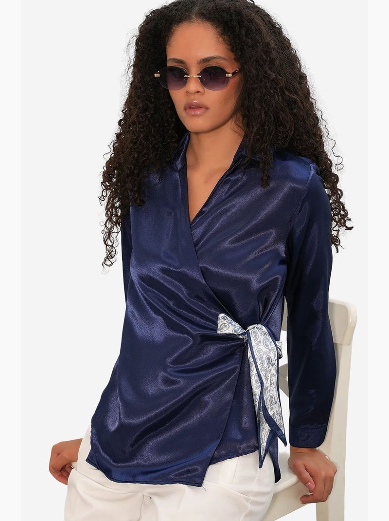 Chemisier femme en satin à nouer bdart Bleu marine - Kiabi