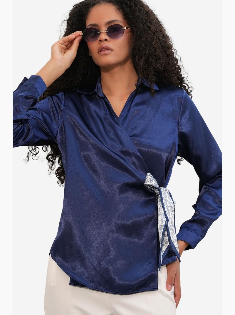 Chemisier femme en satin à nouer bdart Bleu marine - Kiabi