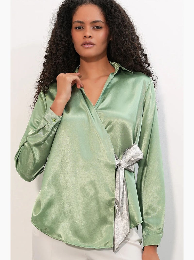 Chemisier femme en satin à nouer bdart Vert menthe - Kiabi
