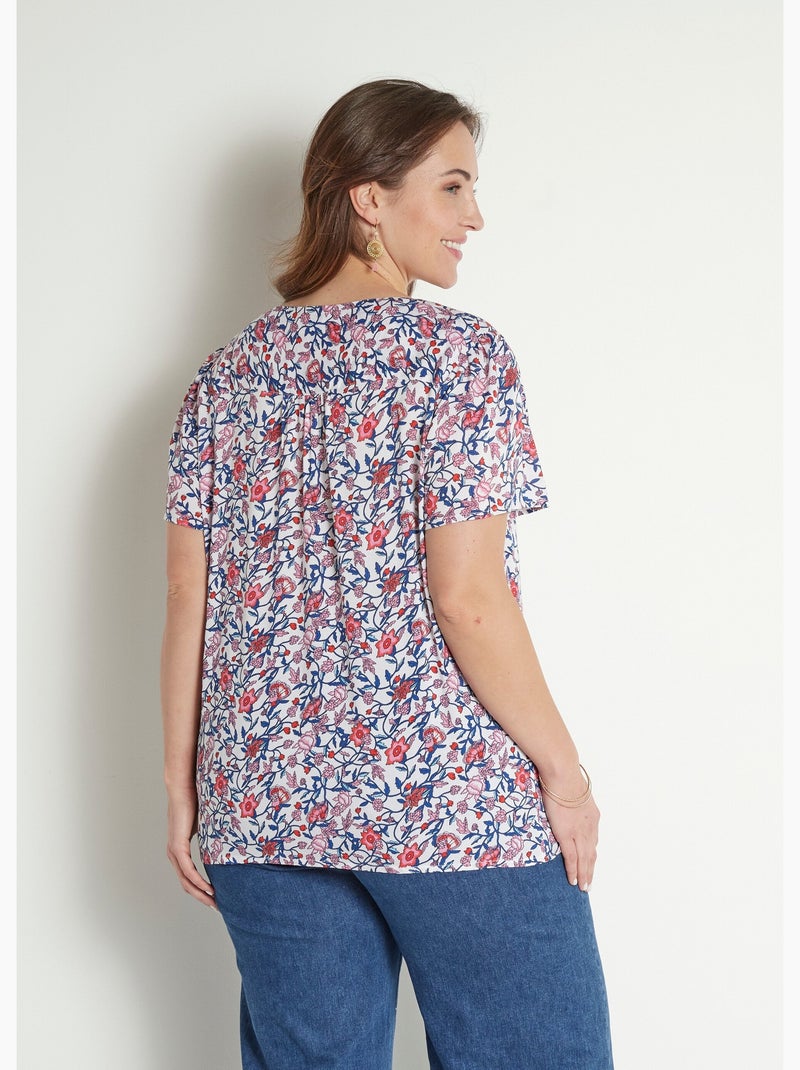 Chemisier fleuri col V manches courtes - Afibel Bleu Rose - Kiabi