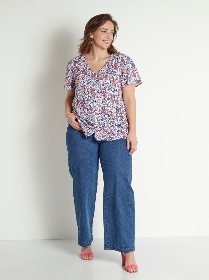 Chemisier fleuri col V manches courtes - Afibel Bleu Rose - Kiabi