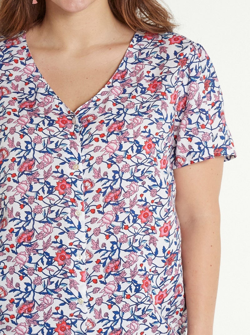 Chemisier fleuri col V manches courtes - Afibel Bleu Rose - Kiabi