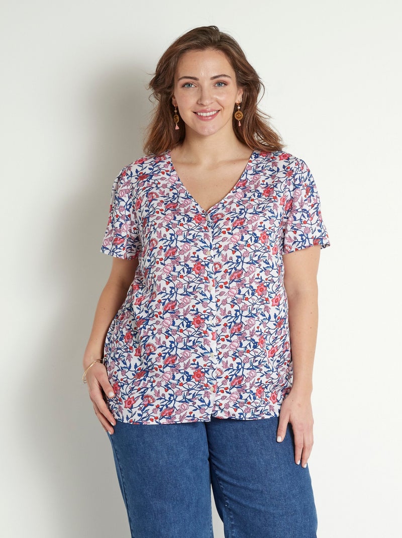 Chemisier fleuri col V manches courtes Bleu Rose - Kiabi