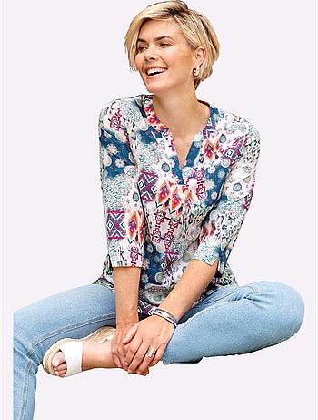 Chemisier fluide avec encolure ronde et manches 3/4 à motifs patchwork - Taille standard - Witt