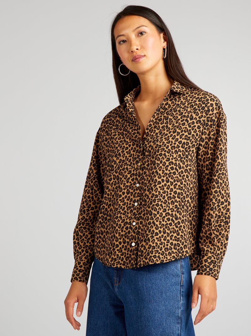 Chemisier Léopard Tendance – Manches Longues – Taille M – Marron – Polyester – Neuf Sans étiquette