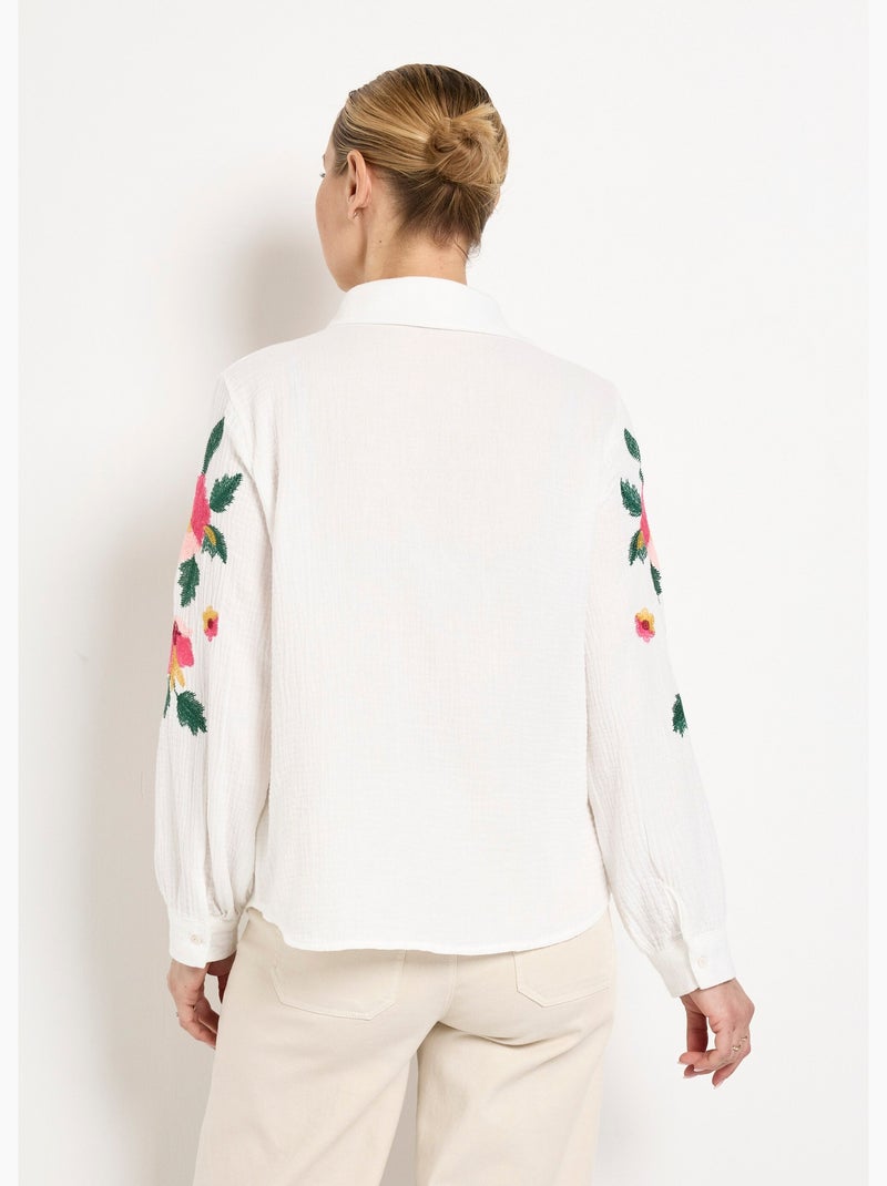Chemisier gaze de coton broderies fleurs - afibel Blanc - Kiabi