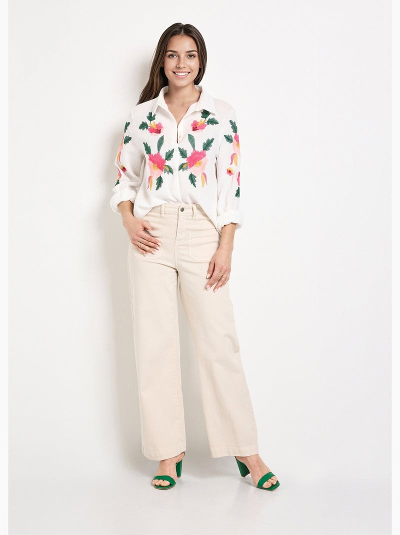 Chemisier gaze de coton broderies fleurs - afibel Blanc - Kiabi