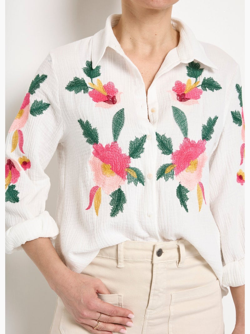 Chemisier gaze de coton broderies fleurs - afibel Blanc - Kiabi