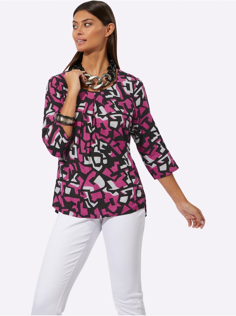 Chemisier imprimé pétillant en viscose et manches trois quart col rond - taille standard - helline Noir Rose - Kiabi