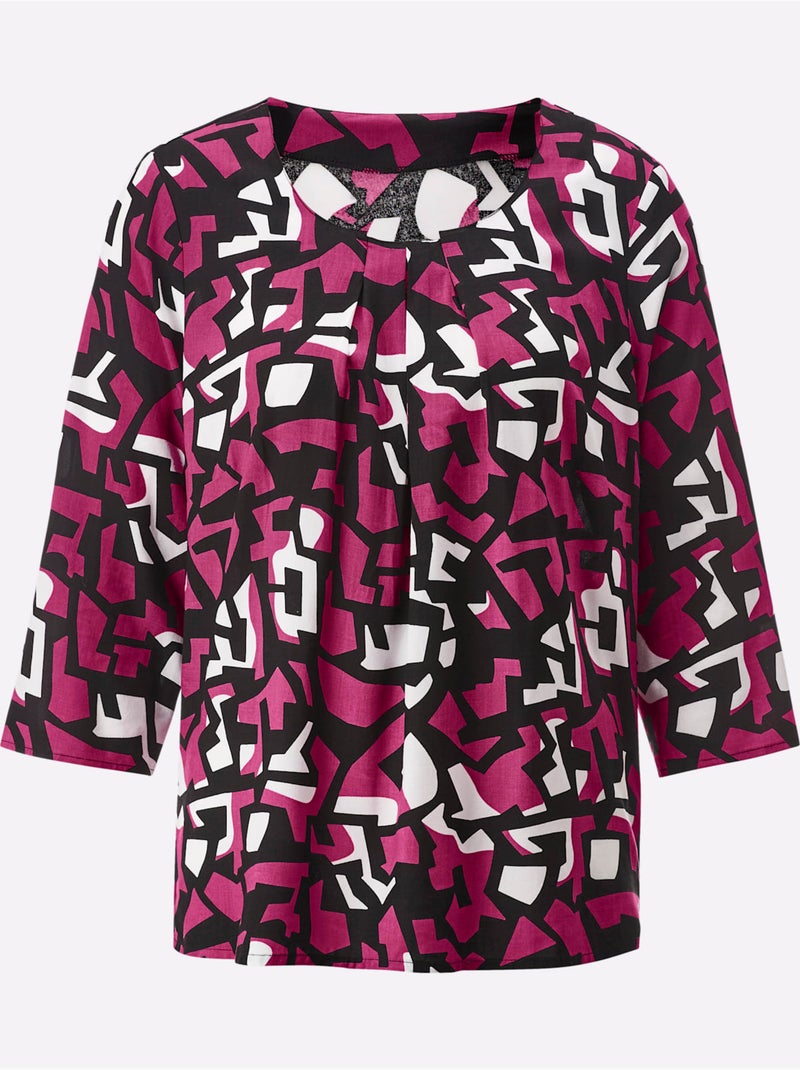 Chemisier imprimé pétillant en viscose et manches trois quart col rond - taille standard - helline Noir Rose - Kiabi