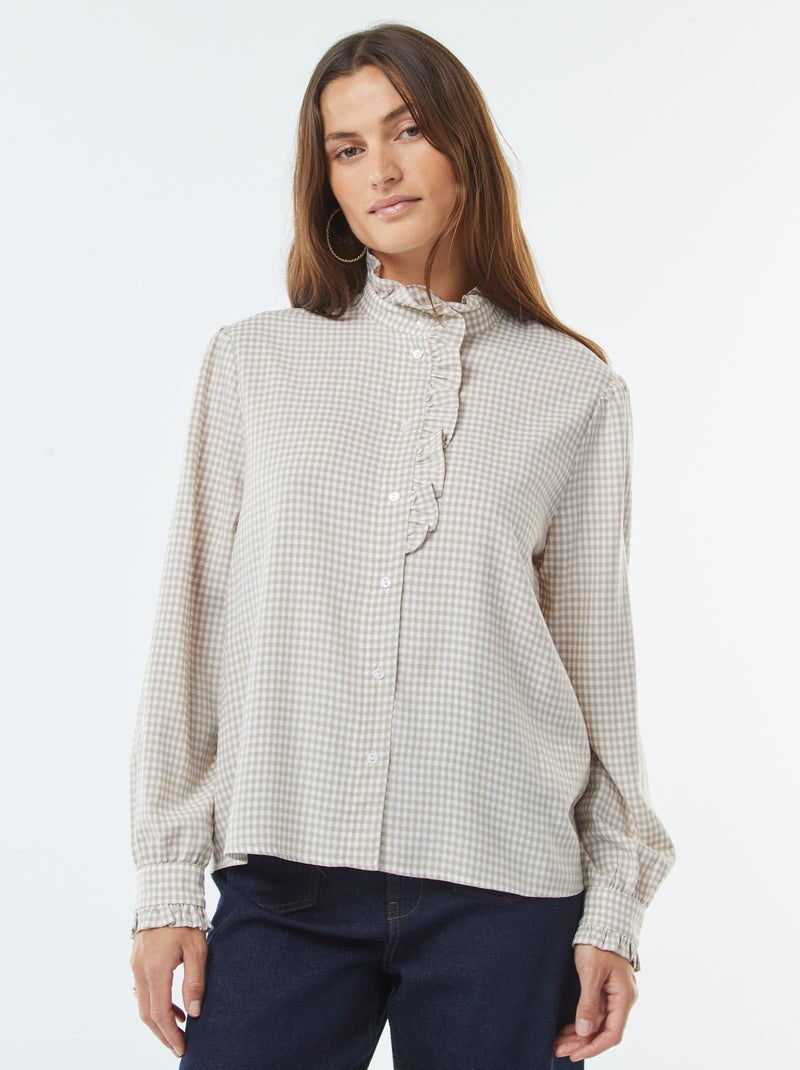 Chemisier imprimé vichy avec volants Beige - Kiabi