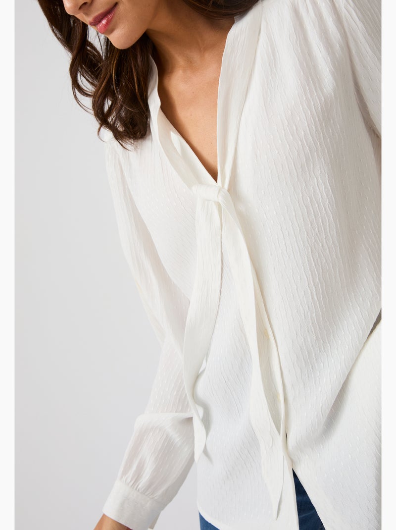 Chemisier lavallière jacquard reliéfé - Damart Blanc - Kiabi