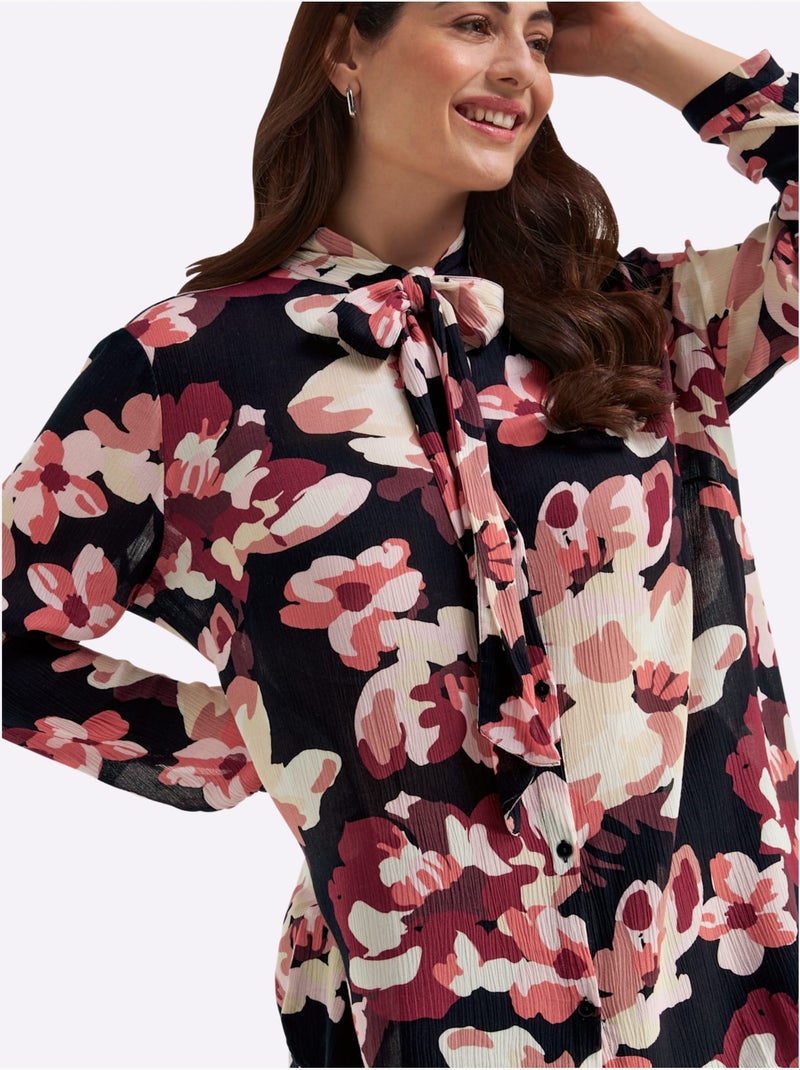 Chemisier Lavallière Joli Motif Floral - Taille Standard - Sheego Noir Orange - Kiabi