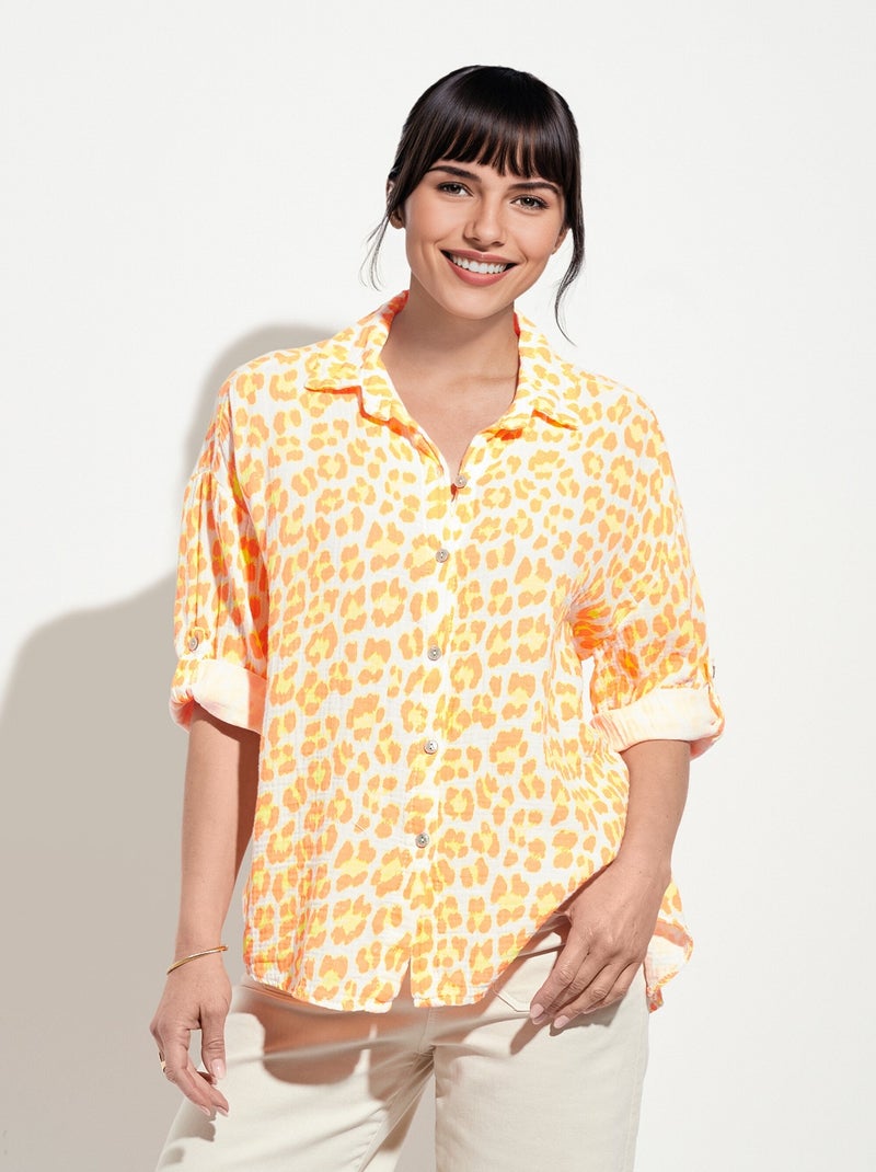 Chemisier léopard fluo en gaze de coton Orange - Kiabi
